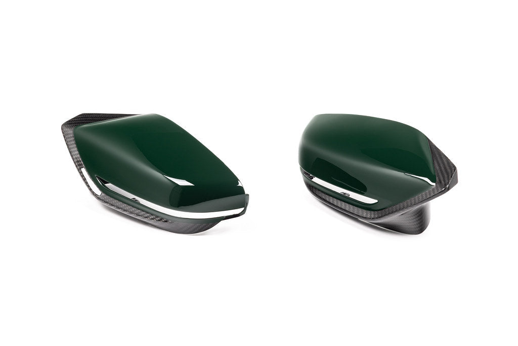 Alpha N G8X M2 M3 M4 carbon mirror cap set for exterior use on BMW models, shown on vehicle with close-up of mirror covers.
