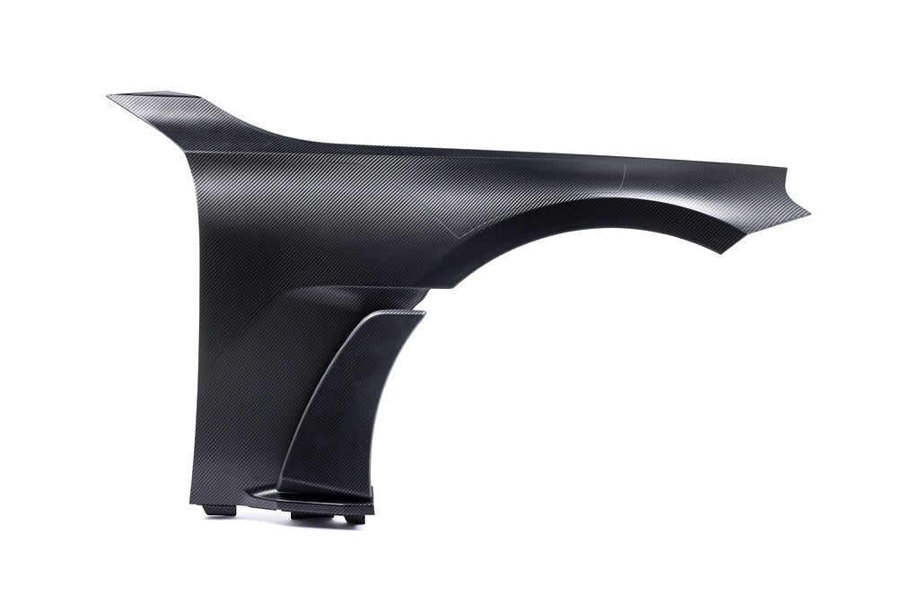 Alpha N G87 M2 carbon front fender set V2 with blades for BMW M2, shown on white background.