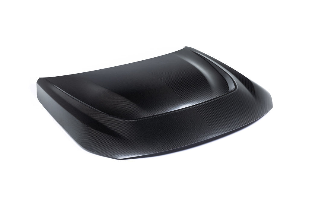 Alpha N G87 M2 carbon vented hood installed on a vehicle, showcasing lightweight design and ventilation features.