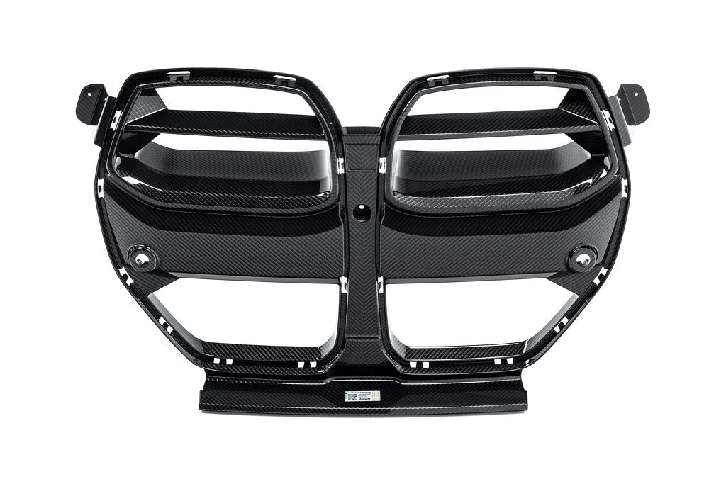 Alpha N G8X M3 M4 carbon front grille installed on a vehicle, showcasing a sleek, lightweight exterior upgrade.