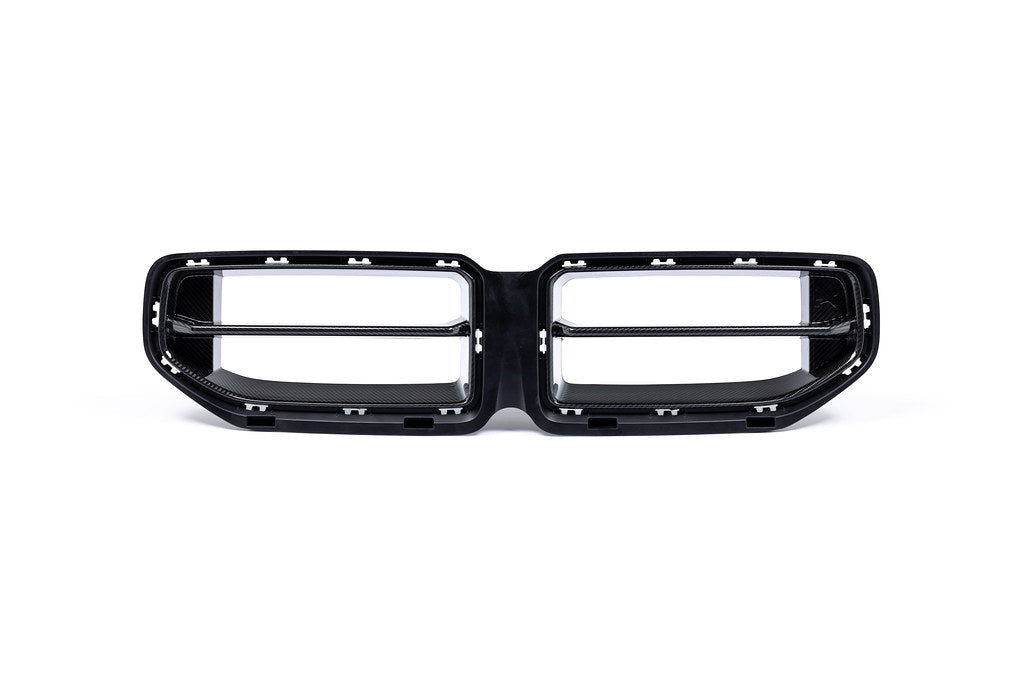 Alpha-N G87 M2 carbon exterior front grille showing sleek black finish and precise fit on a BMW M2 vehicle.