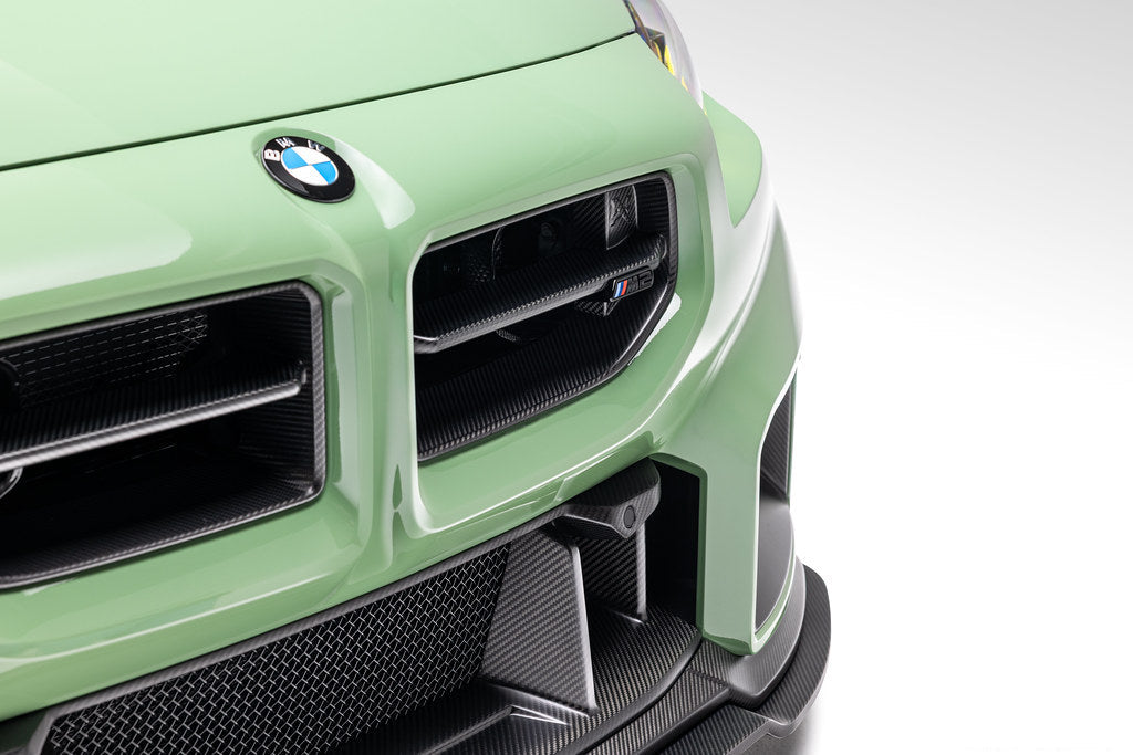 Alpha-N G87 M2 carbon front grille installed on a BMW M2, showcasing a sleek, lightweight exterior upgrade.