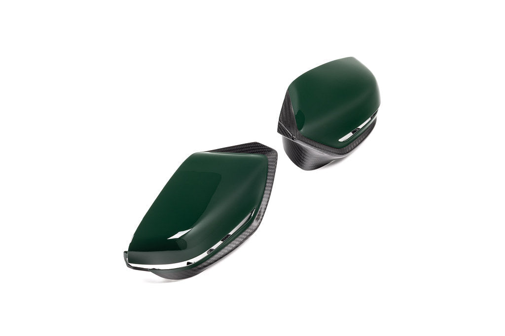 Alpha N G8X M2 M3 M4 carbon exterior mirror cap set showing sleek, glossy black mirror covers on BMW G8X series vehicles.