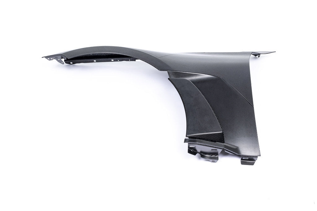 Alpha N G87 M2 carbon front fender set V2 with blades, vehicle exterior accessory, white background, detailed close-up image