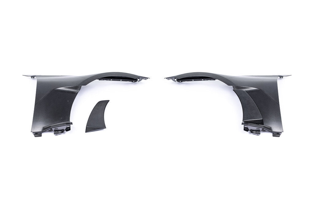 Alpha N G87 M2 carbon front fender set V2 with blades, exterior car part shown on white background.