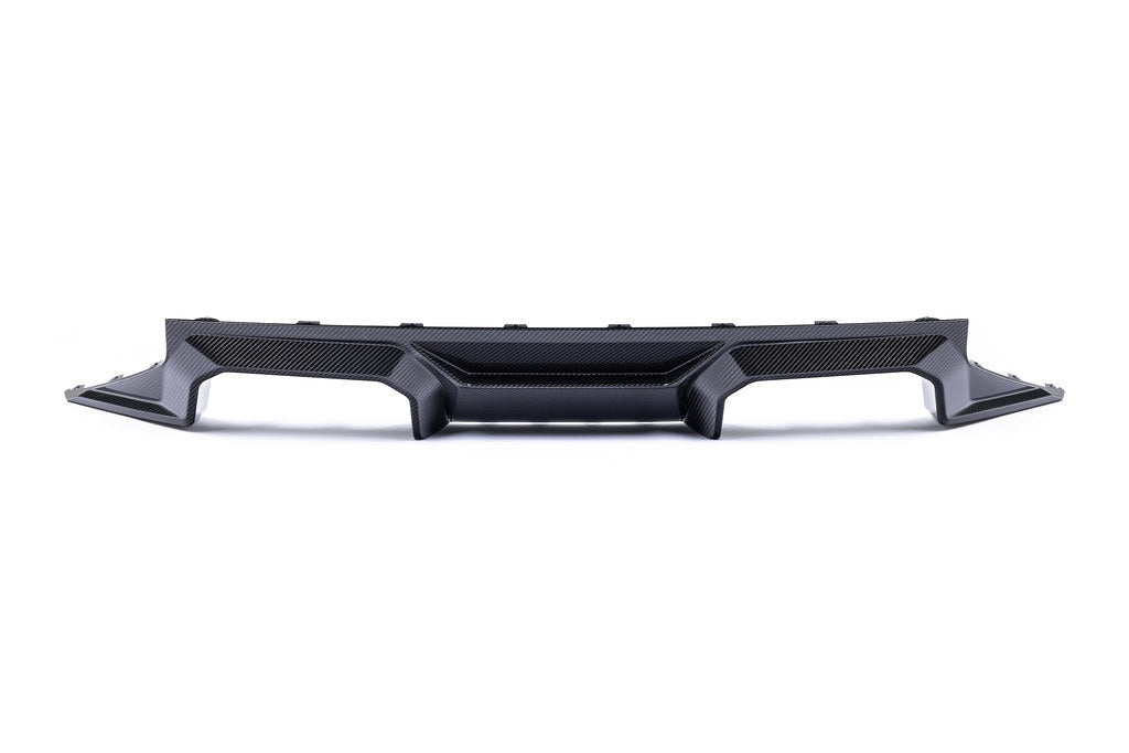 Alpha-N G87 M2 carbon rear diffuser mounted on a white background, showcasing its aerodynamic design and lightweight carbon fiber material.