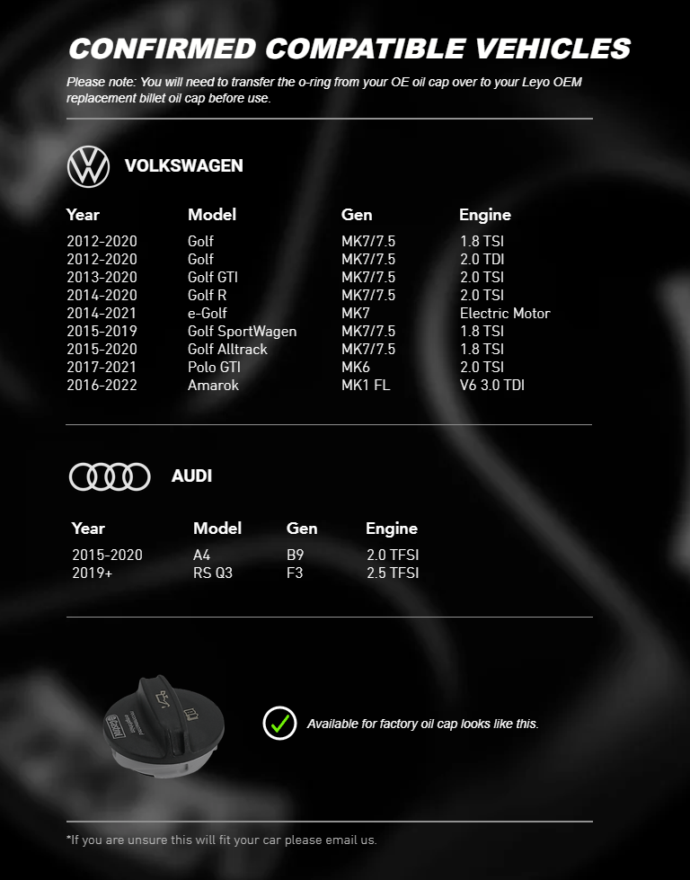 OEM Replacement Billet Oil Cap - Audi A4 B9 RS Q3 F3 / Volkswagen Golf MK7 Mk7.5