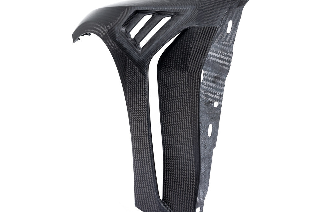 Alpha N G8X M3 M4 carbon vented front fender set for BMW, featuring lightweight, aerodynamic design with venting details.