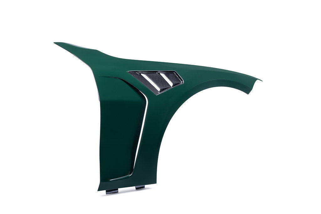 Alpha N G8X M3 M4 carbon vented front fender set for BMW, shown with white background, highlighting lightweight exterior upgrade features.