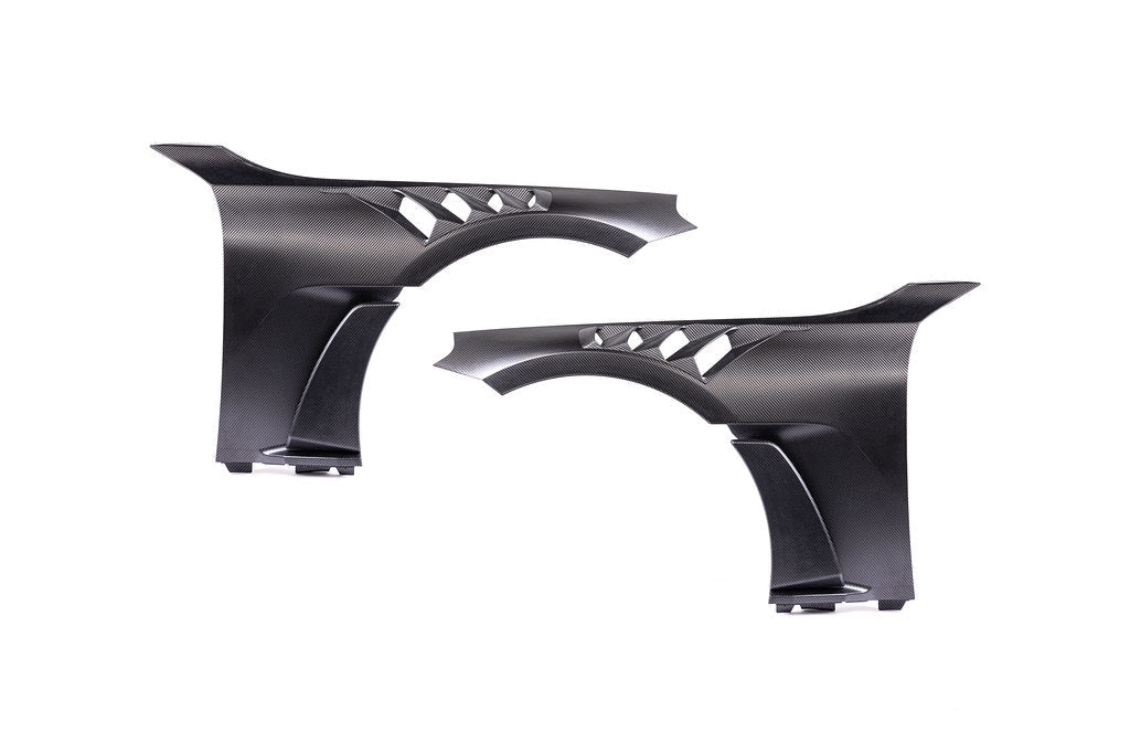 Alpha N G87 M2 Carbon Vented Front Fender Set V4 with blades, exterior car body parts for BMW M2 in white.