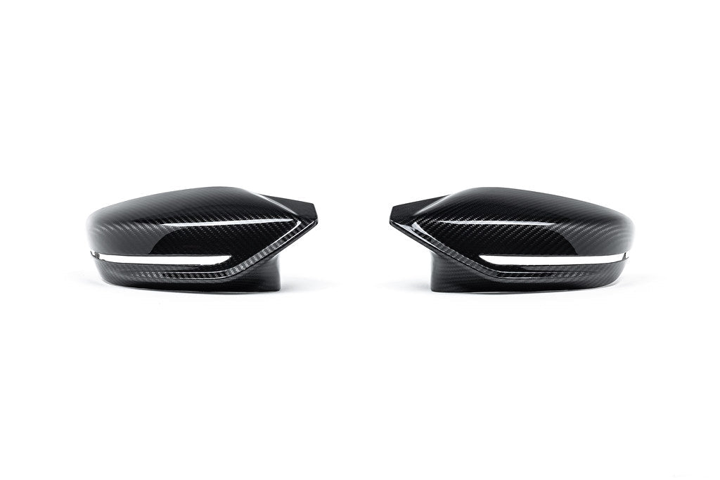 Alpha N G8X M2 M3 M4 carbon mirror cap set for exterior, shown on white background with close-up details.